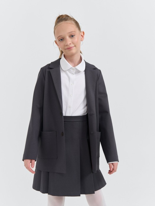 блузка трикотажная для девочки "белая" на кнопках 7+ повседневного стиля с лицевой стороны