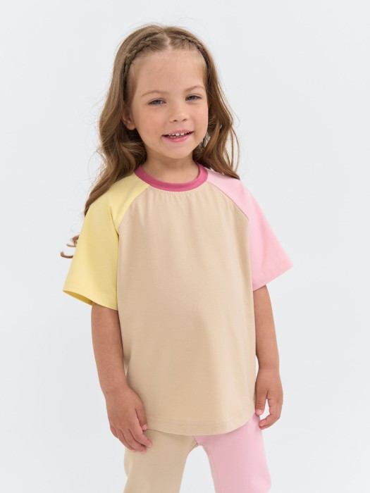 футболка оверсайз колор блок "крем-брюле/розовый зефир" от бренда bungly вид слева