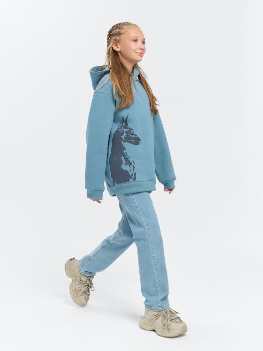 худи "деним" с принтом утепленное 7+ активного стиля с лицевой стороны