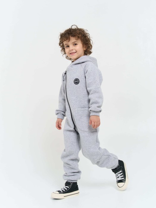 комбинезон-косуха с капюшоном "серый меланж" утепленный от 1 до 3 лет с изнаночной стороны