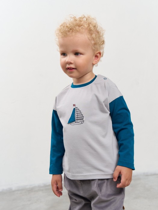 лонгслив колор блок "туман" с принтом 0+ от бренда bungly вид слева