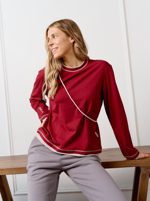 лонгслив "не идеальная" с контрастной отделкой женский из льна спереди