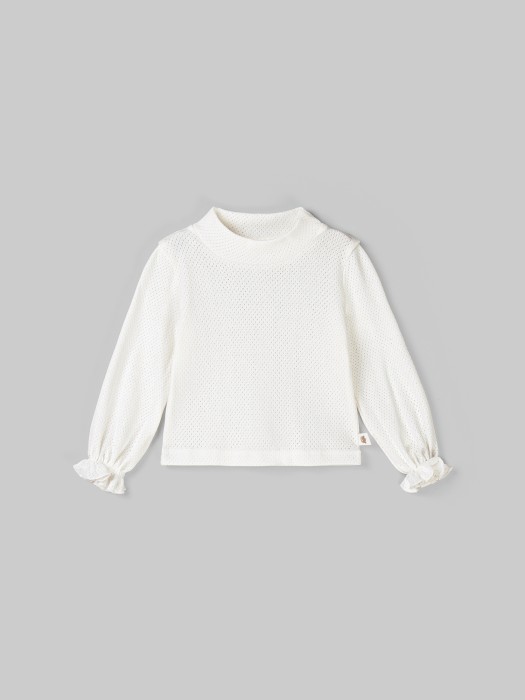 лонгслив с воротником-стойкой "молоко" из ажурного хлопка 0+ от бренда bungly вид слева