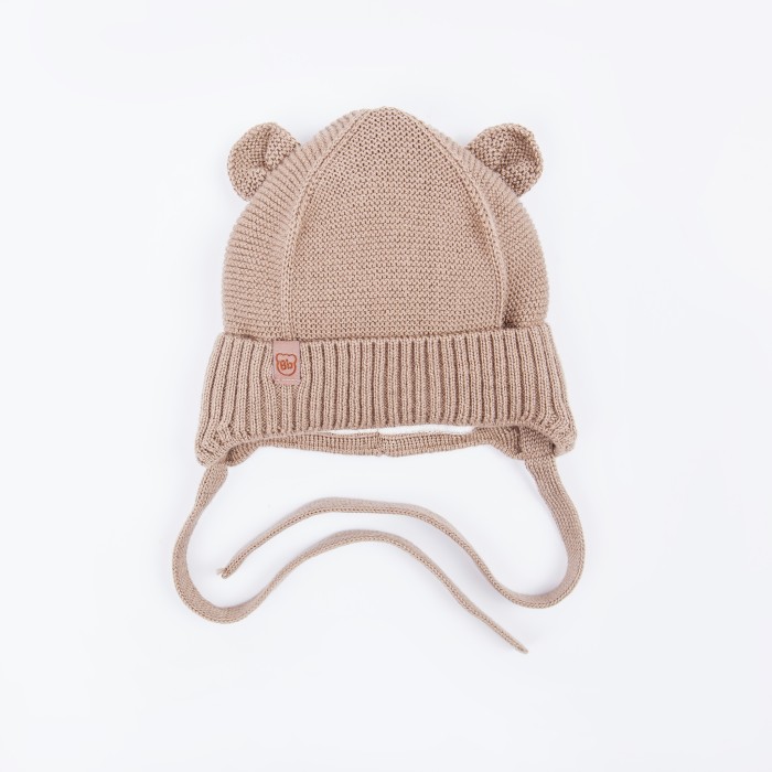 шапка хлопковая однослойная с ушками на подкладе "беж" на завязках 0+ фотография