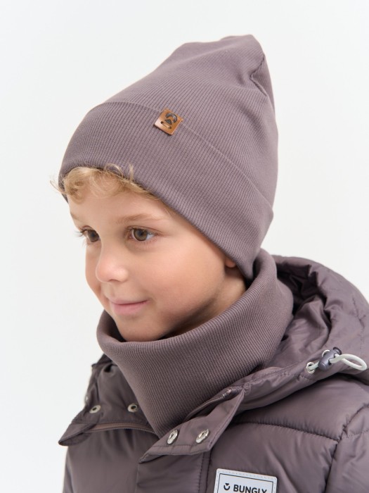 шапка и снуд трикотажные двухслойные "темный шоколад" от бренда bungly вид слева