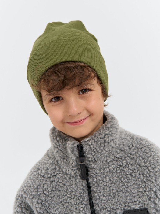 шапка трикотажная двухслойная "хаки" от бренда bungly вид слева