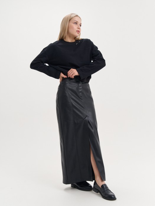 юбка миди из эко-кожи "уголь" женская из россии вид сбоку