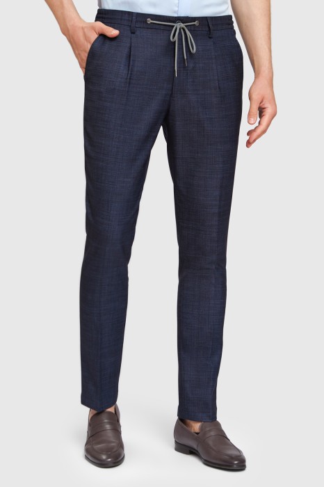 брюки чинос темно-синие на кулиске из шерсти с вытачками фотография