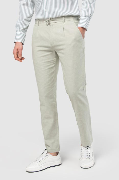 брюки прямые бежевые из хлопка и льна на шнуровке фотография