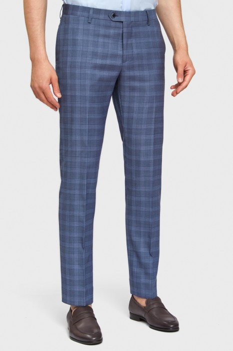 брюки прямые светло-синие в клетку из шерсти, устойчивой к сминанию фотография