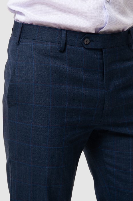 брюки темно-синие в клетку из шерсти и шелка от бренда kanzler вид слева