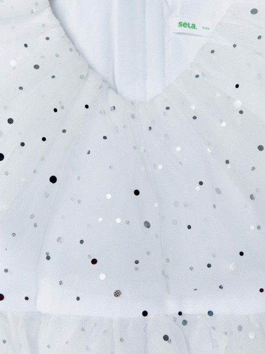 белое пышное платье с блестящим принтом для девочек из россии вид сбоку