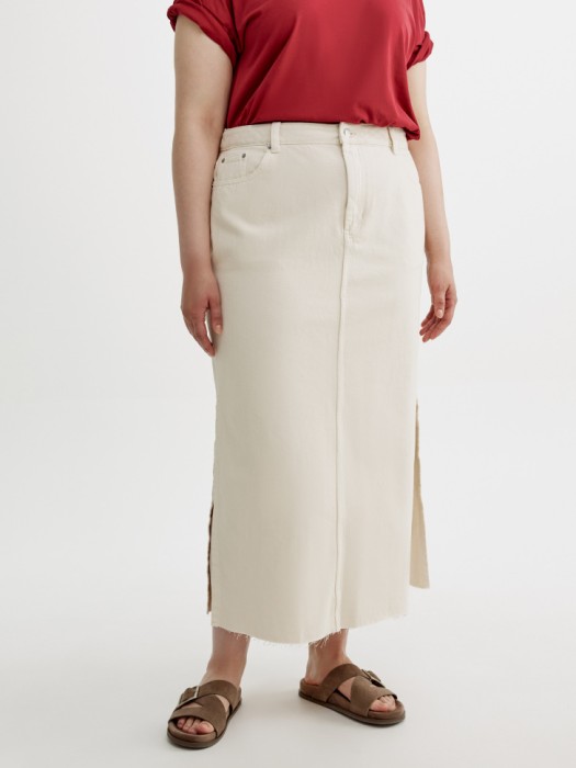 джинсовая юбка макси с боковыми разрезами из джинсы и джинскота спереди