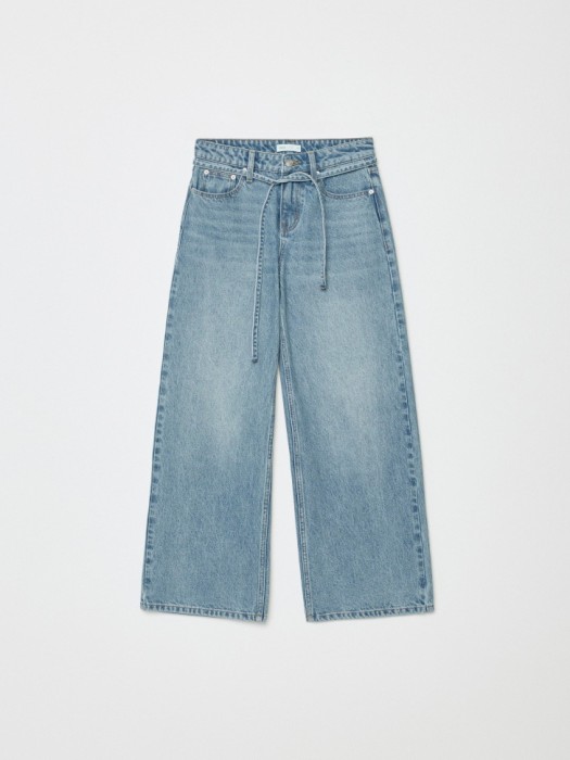джинсы wide leg с поясом из денима спереди