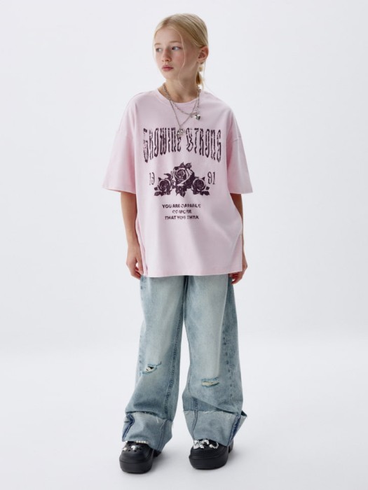 футболка оверсайз с принтом для девочек из хлопка спереди