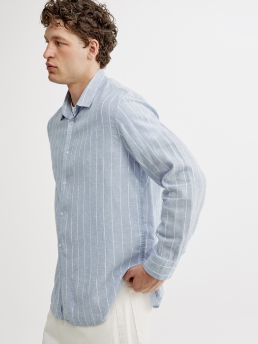 рубашка из смесового льна в полоску из россии вид сбоку