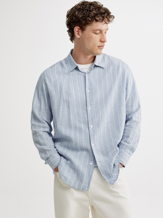 рубашка из смесового льна в полоску из льна спереди