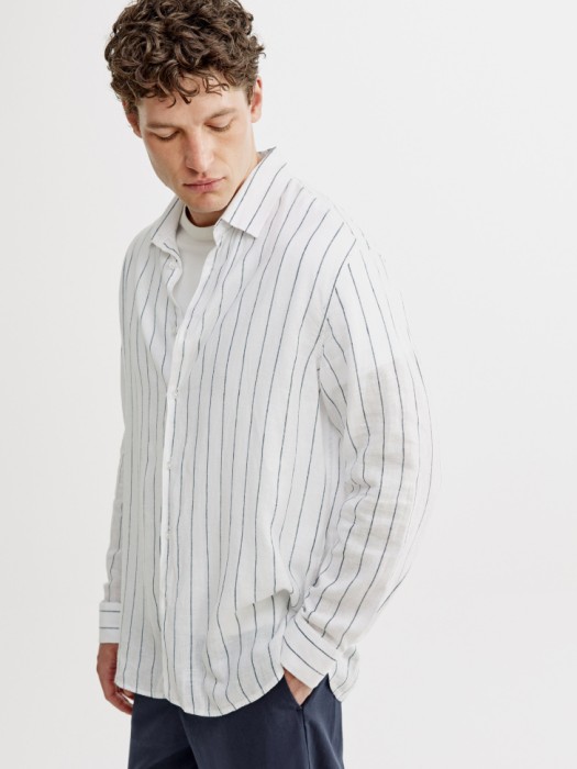 рубашка из смесового льна в полоску из россии вид сбоку