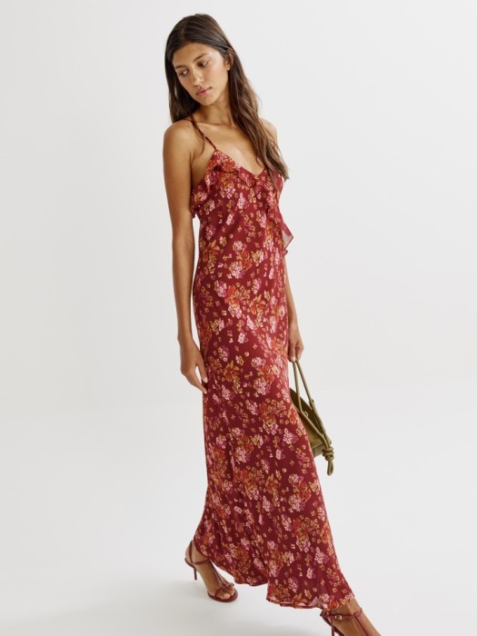 шифоновое макси платье с воланом из шифона спереди