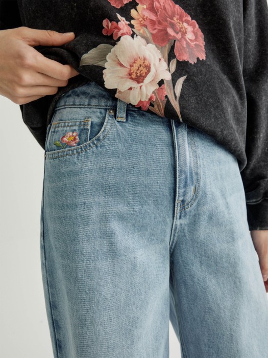 широкие джинсы на высокой посадке с небольшой вышивкой от бренда sela вид слева