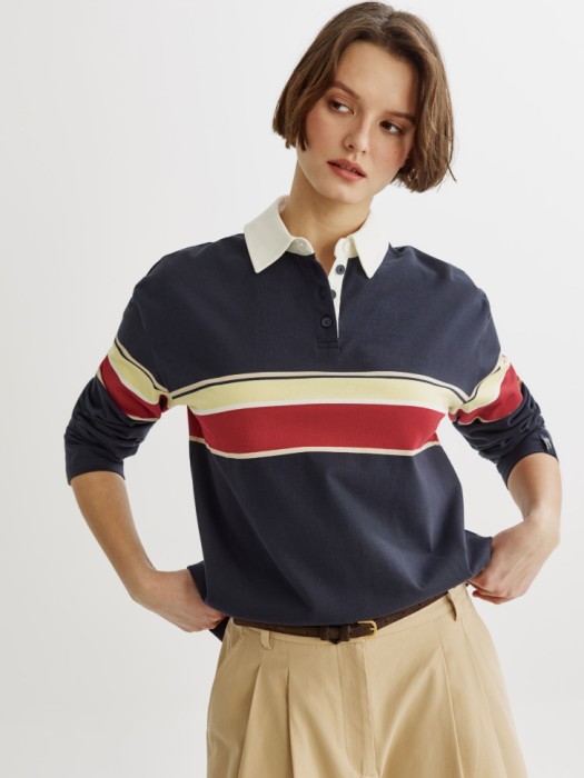 трикотажный лонгслив-поло оверсайз в полоску из россии вид сбоку