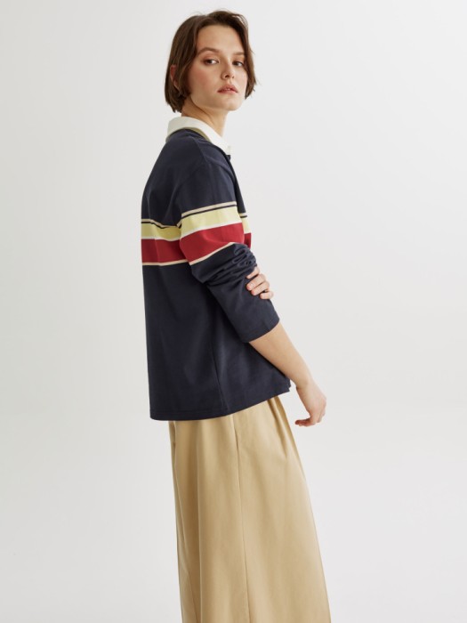 трикотажный лонгслив-поло оверсайз в полоску из хлопка спереди