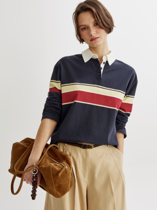 трикотажный лонгслив-поло оверсайз в полоску универсального стиля с лицевой стороны
