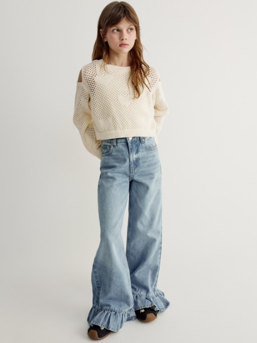 укороченный джемпер ажурной вязки для девочек от бренда sela вид слева