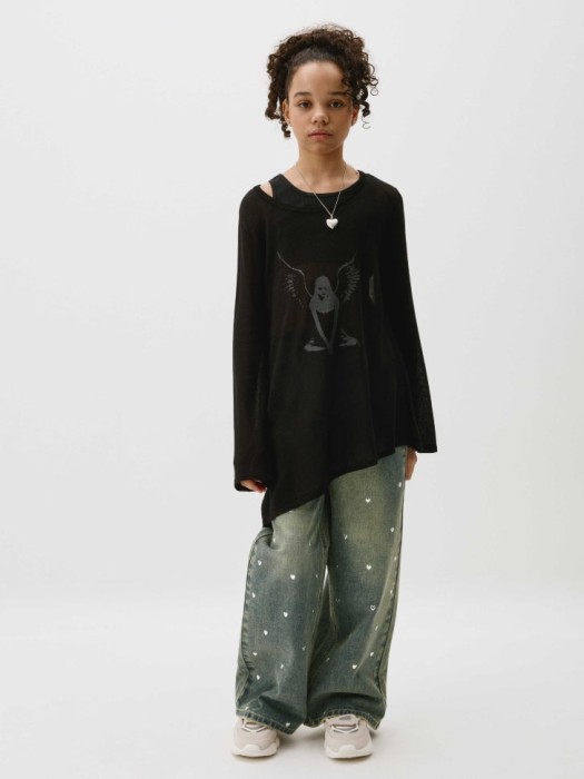 вязаный асимметричный джемпер с принтом для девочек от бренда sela вид слева