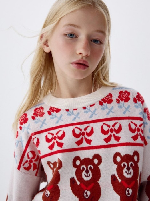 вязаный джемпер оверсайз с принтом для девочек из льна спереди