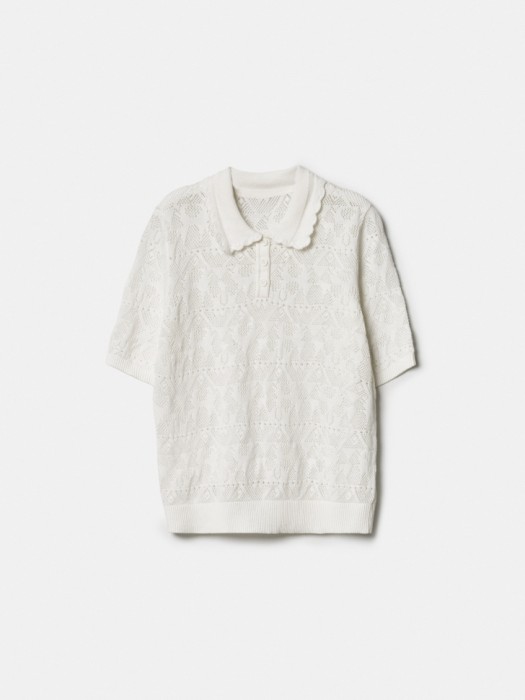 вязаный джемпер-поло с ажурным воротником из хлопка спереди
