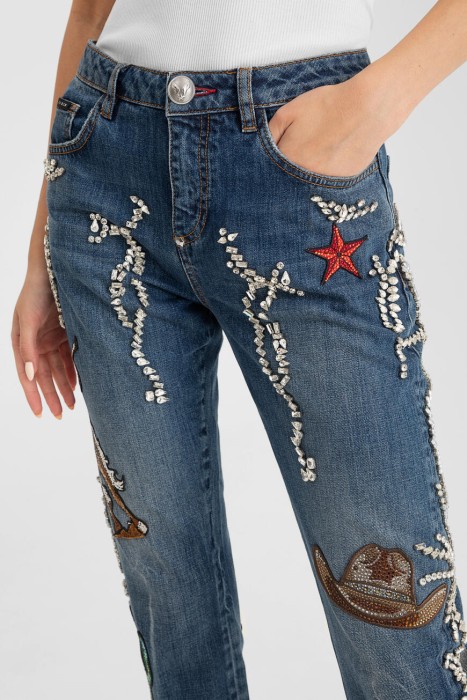джинсы  декор кристаллами из америки вид сбоку