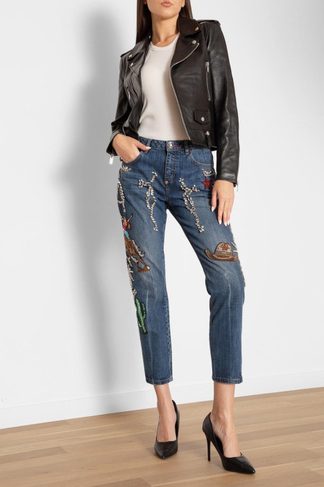 джинсы  декор кристаллами из хлопка спереди