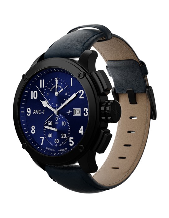 ачс-1 44 мм кварц хронограф синие матовые от бренда молния вид слева