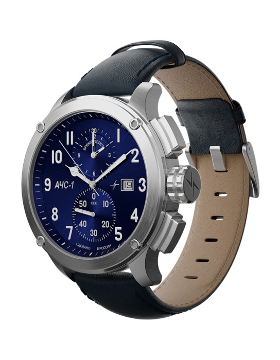 ачс-1 44 мм кварц хронограф синие стальные от бренда молния вид слева