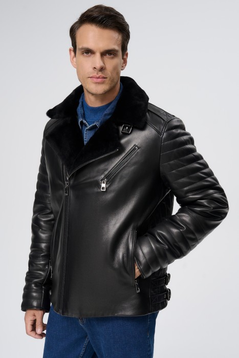 дубленка из овчины и натуральной кожи от бренда снежная королева вид слева