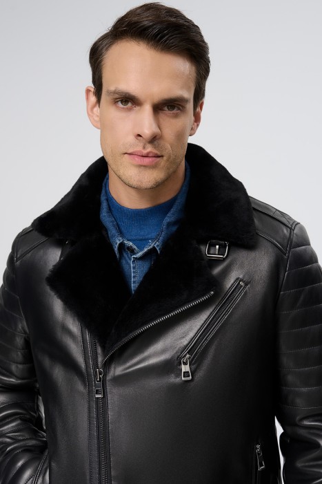 дубленка из овчины и натуральной кожи из россии вид сбоку