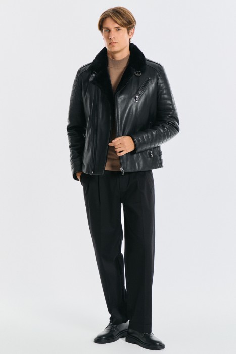 дубленка из овчины и натуральной кожи от бренда снежная королева вид слева