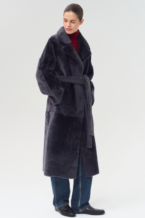 дубленка из овчины с поясом от бренда снежная королева вид слева