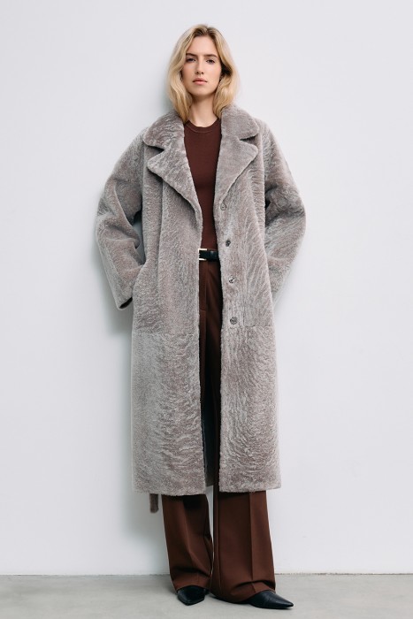 дубленка из овчины с поясом от бренда снежная королева вид слева