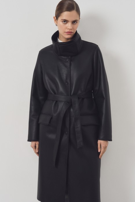 дубленка из овчины с поясом от бренда снежная королева вид слева