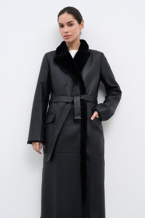 дубленка из овчины с поясом от бренда снежная королева вид слева