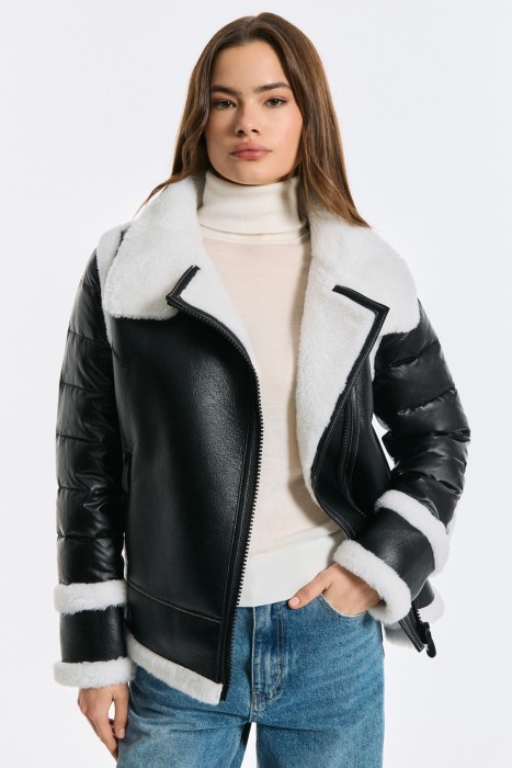 дубленка-косуха с меховой отделкой от бренда снежная королева вид слева