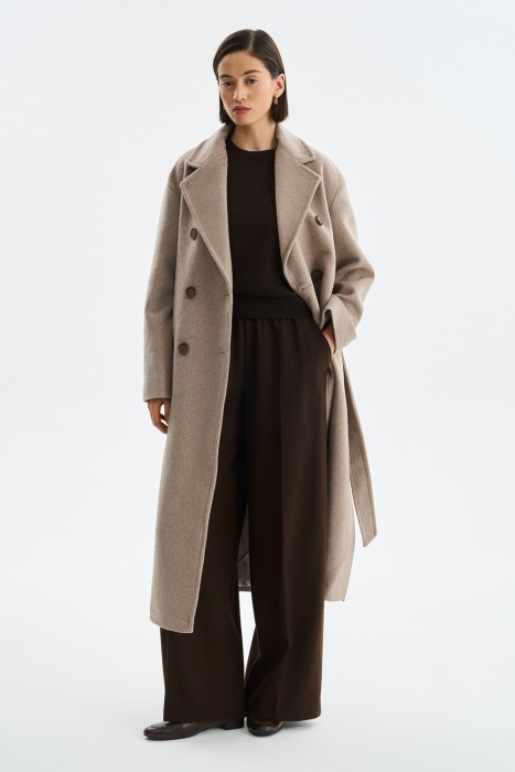 двубортное пальто с поясом 774817003 фотография
