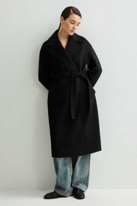 двубортное пальто с поясом 807236003 фотография