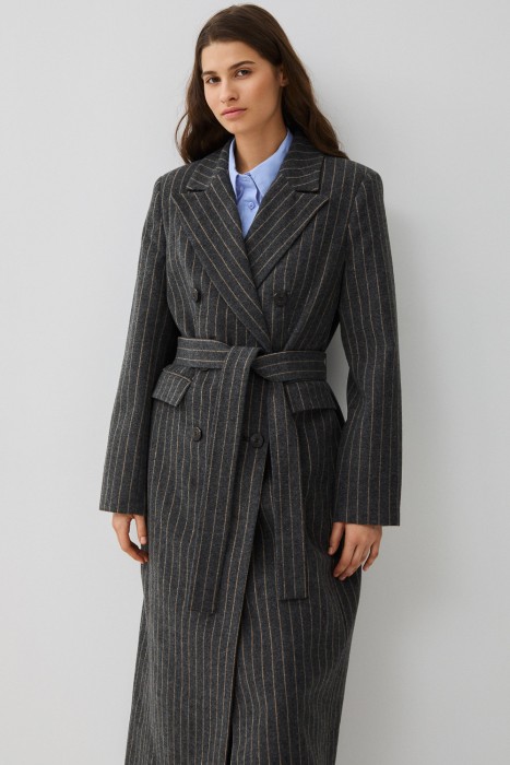 двубортное пальто с поясом 827075003 фотография