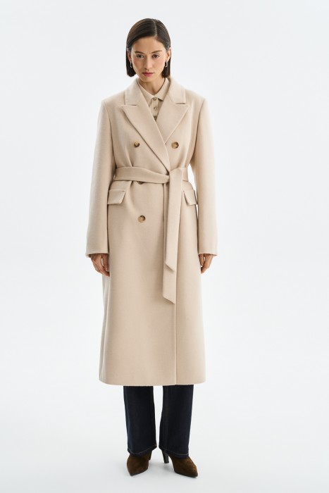 двубортное пальто с поясом от бренда снежная королева вид слева