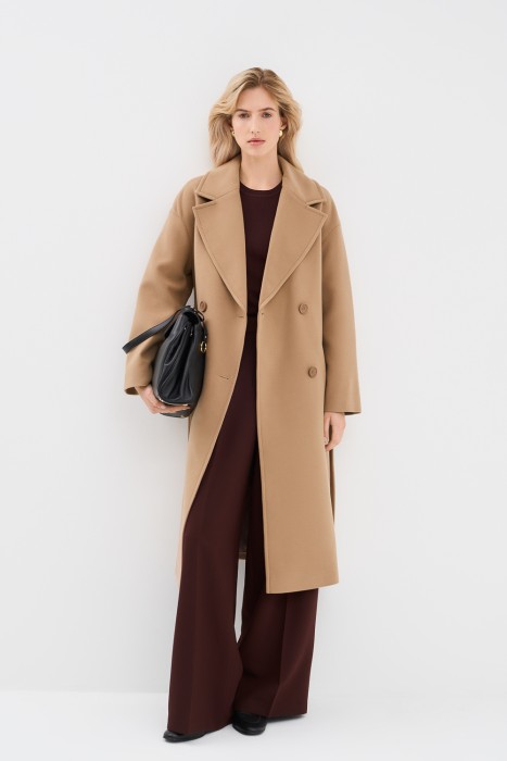 двубортное пальто с поясом 774564003 фотография