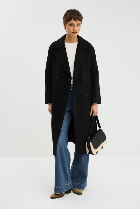 двубортное пальто с поясом 774552003 фотография