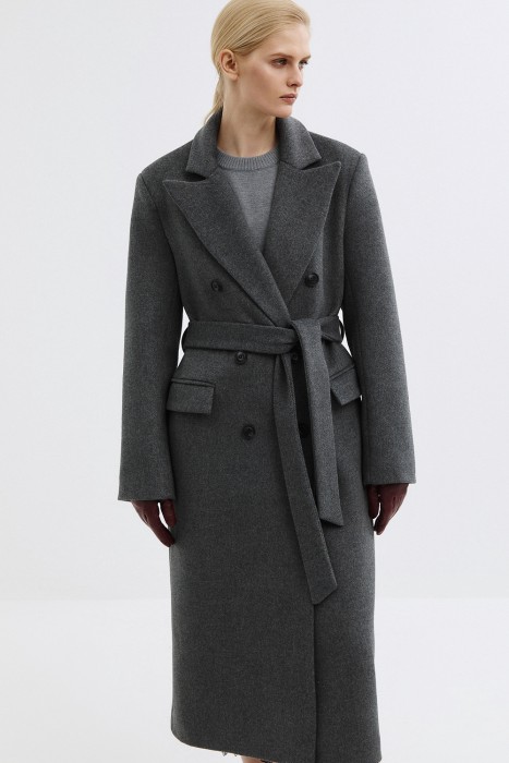 двубортное пальто с поясом от бренда снежная королева вид слева